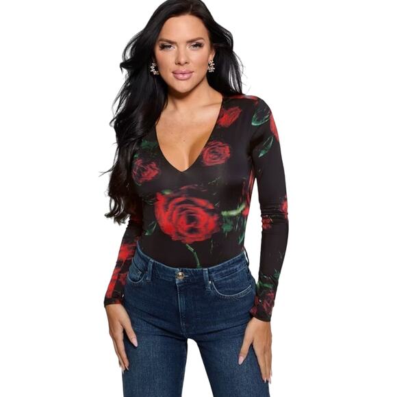 GUESS Eco Bianca Printed Floral Bodysuit in Black Size XL - Picture 1 of 5